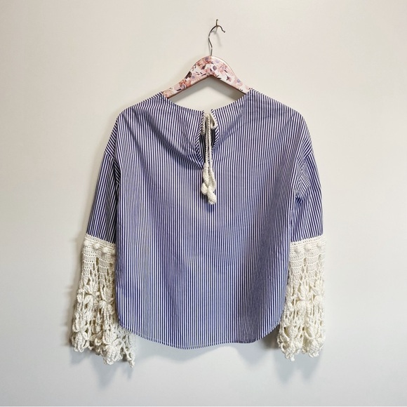 JACQUEMUS Blue Striped Crochet Sleeve Blouse Top! Women’s 38 / 6 Made In France - Picture 8 of 9